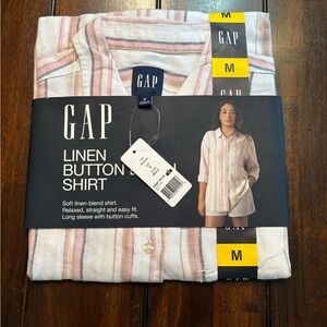 GAP Women’s Med. Linen Button-Up Shirt – White with Pink & Gray Stripes
